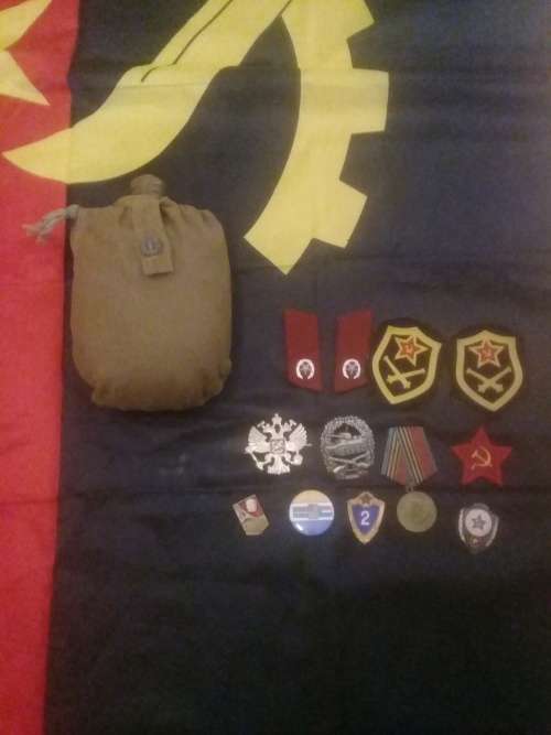 LOT Of MIlitary Badges, Soviet Water Bottle and Angolan Flag